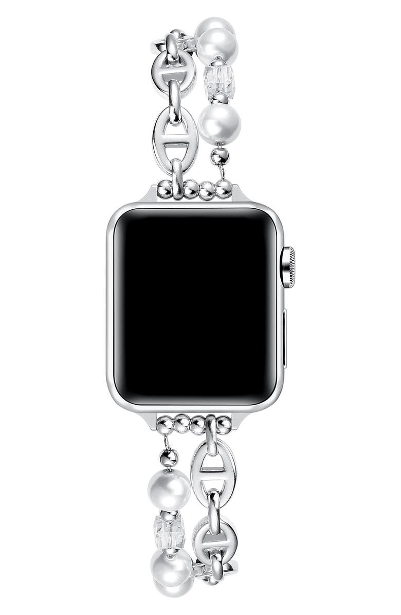 The Posh Tech Luna Imitation Pearl Apple Watch<sup>®</sup> Watchband, 42mm, Alternate, color, Silver