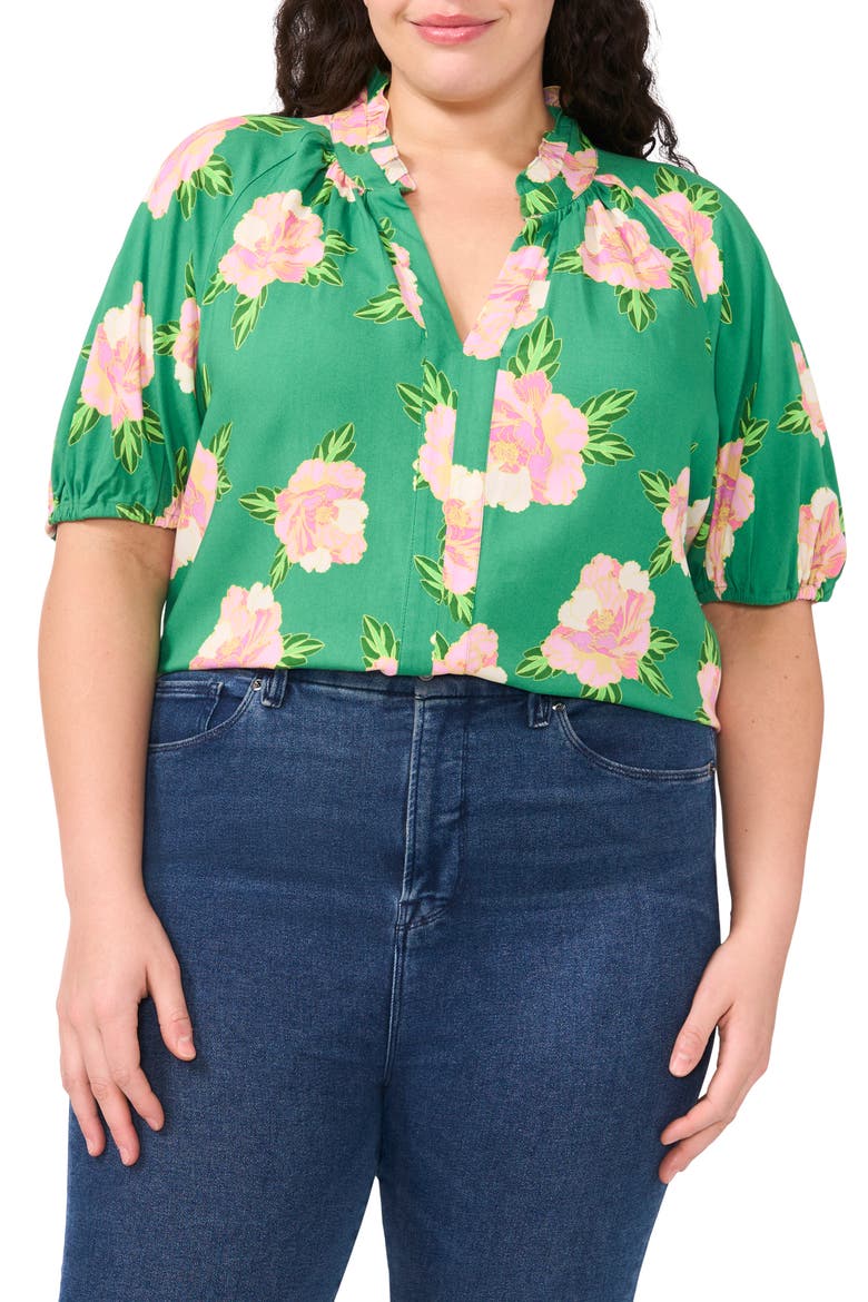 Floral Ruffle Neck Top, Main, color, MEDIUM GREEN