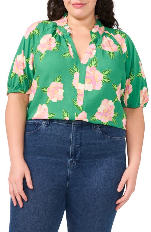 Shop Cece Floral Print Ruffle Neck Top In Medium Green