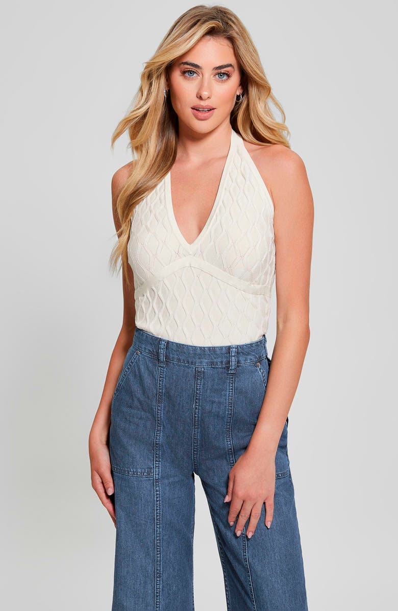 GUESS Lucia Wavy Rib Halter Sweater, Alternate, color, Dove White