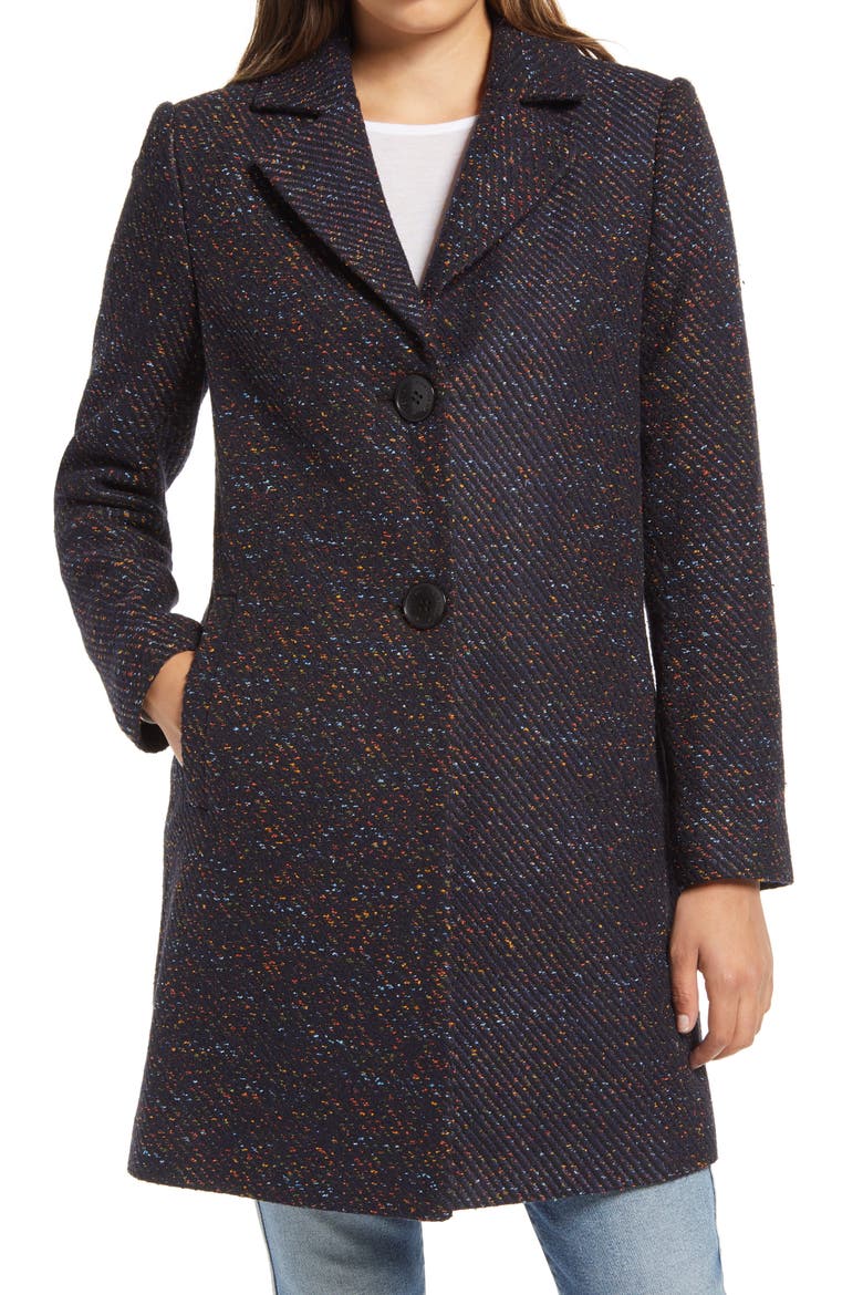 Notch Collar Tweed Coat, Alternate, color, NAVY