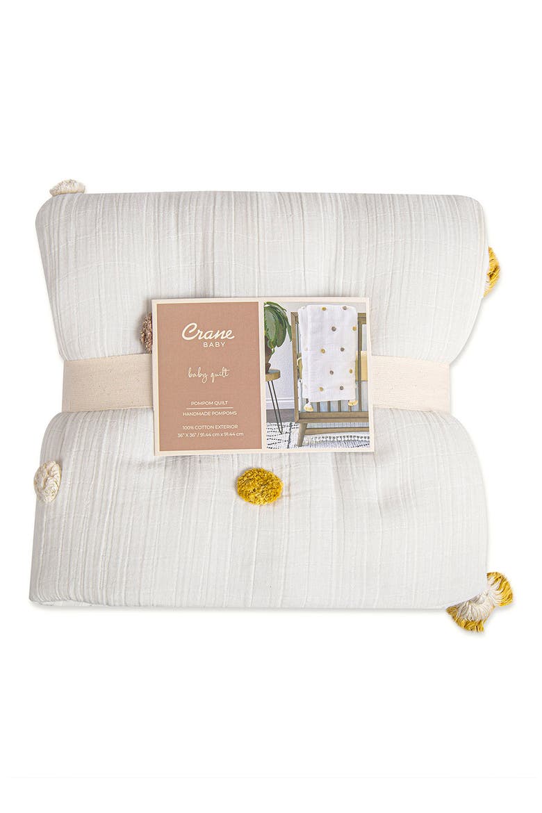 Pompom Cotton Muslin Baby Blanket, Alternate, color, WHITE