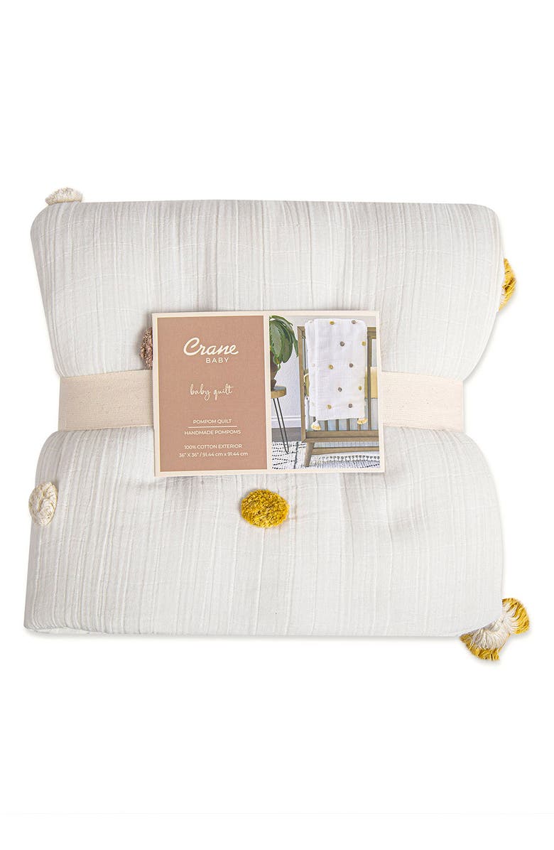 CRANE BABY Pompom Cotton Muslin Baby Blanket, Alternate, color, White