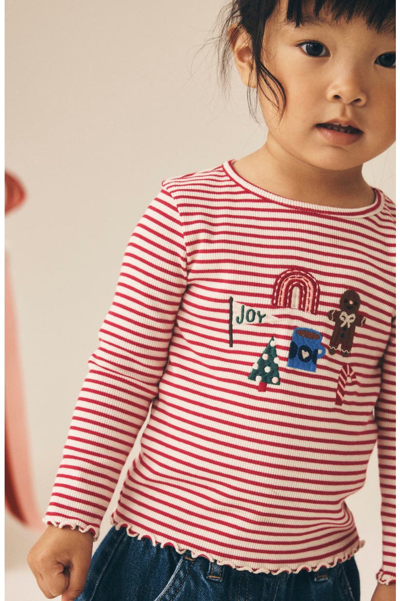Kids' Festive Rib Long Sleeve Stretch Cotton Top, Alternate, color, RED