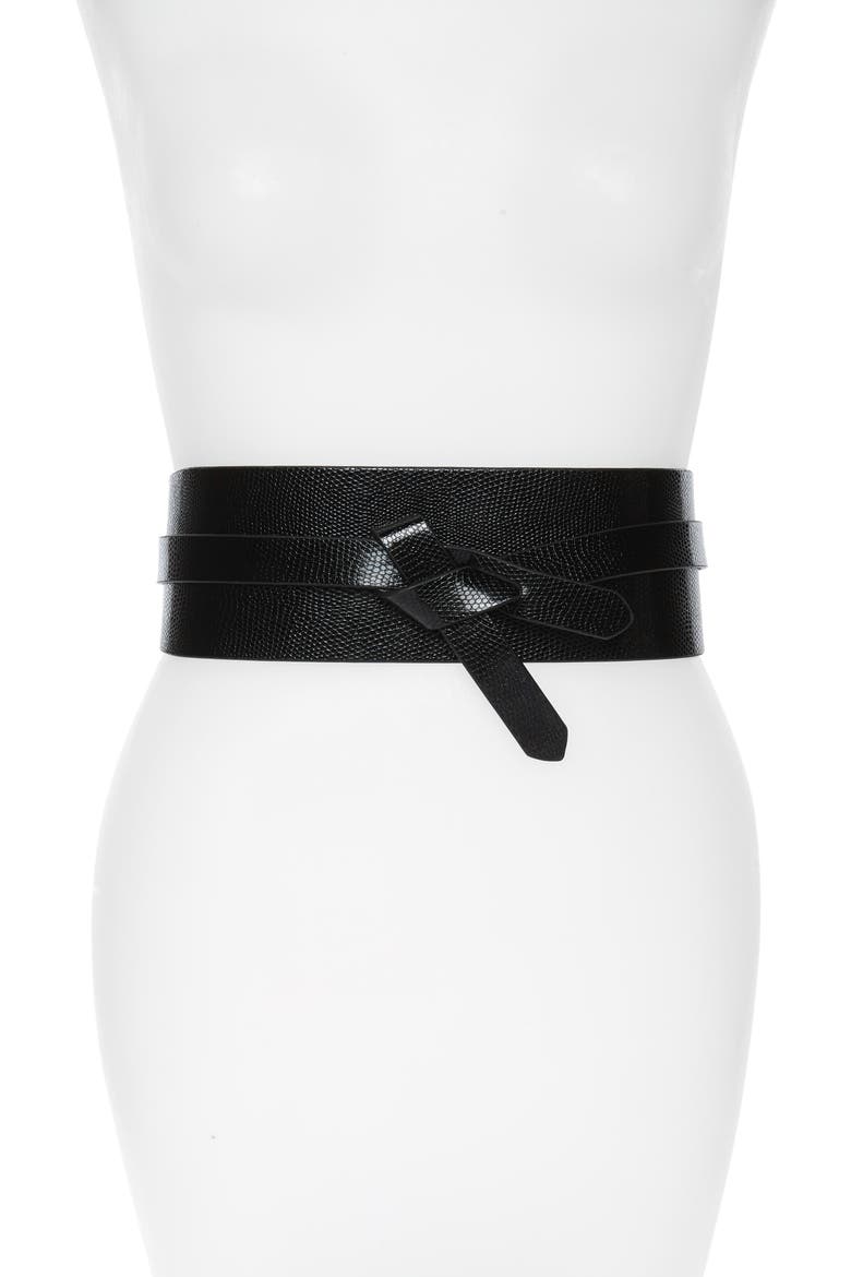 Tie Front Snake Embossed Faux Leather Stretch Belt, Main, color, BLACK