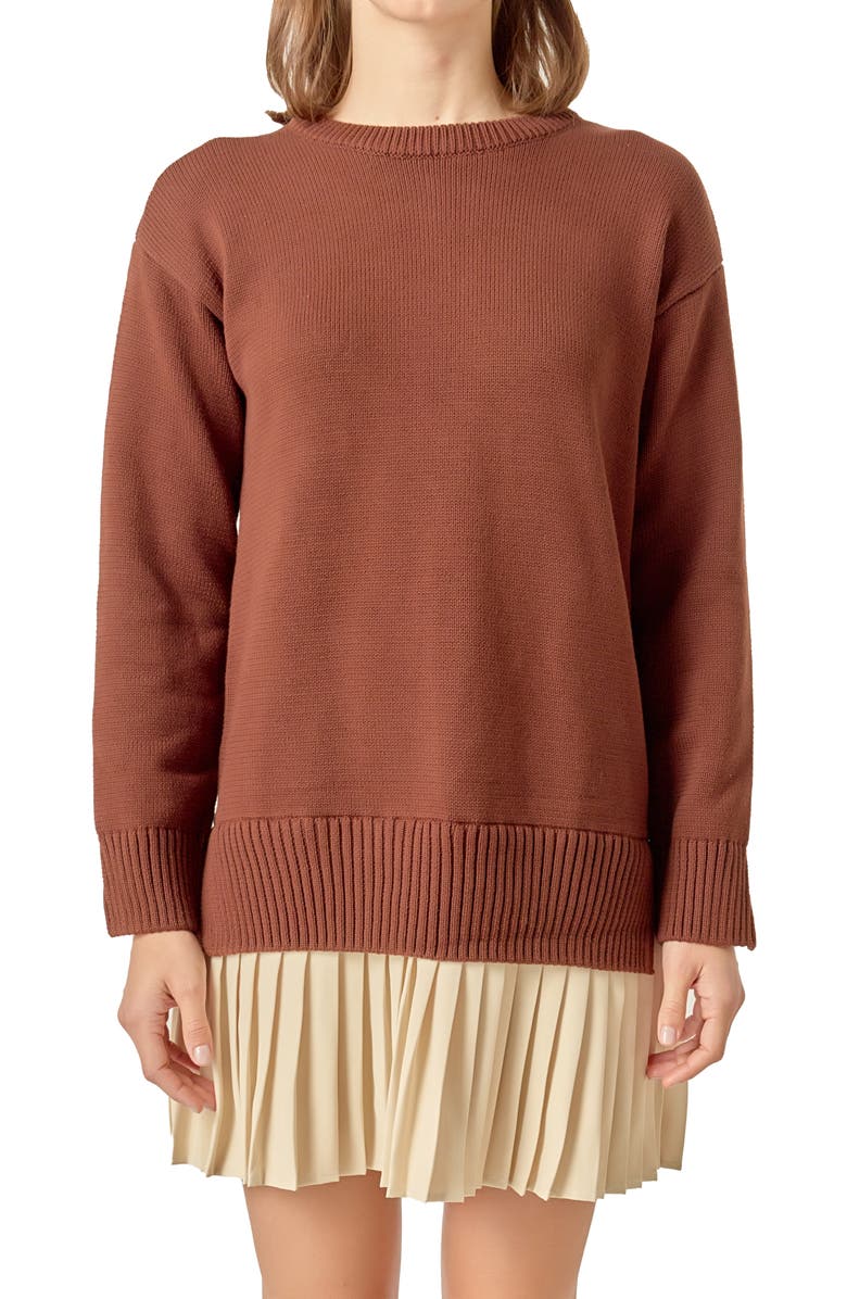 English Factory Mixed Media Long Sleeve Pleated Minidress, Alternate, color, Chocolate Brown/ Tan