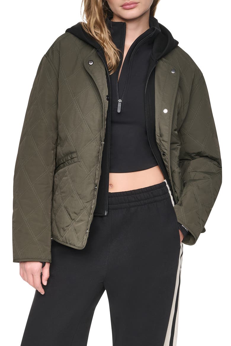 Quilted Jacket with Hooded Knit Bib, Main, color, LODEN