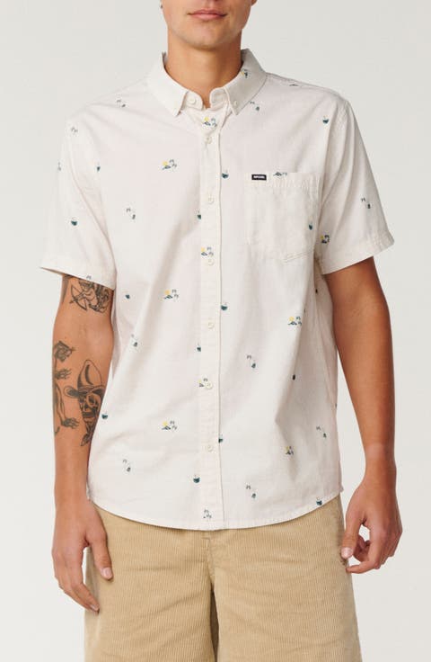 Skelly Breach Tropical Print Short Sleeve Cotton Chambray Button-Down Shirt