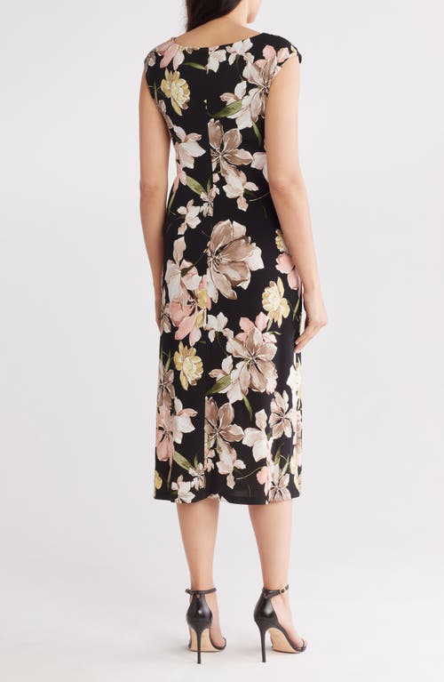 Connected Apparel Drape Neck Midi Dress In Black Camel