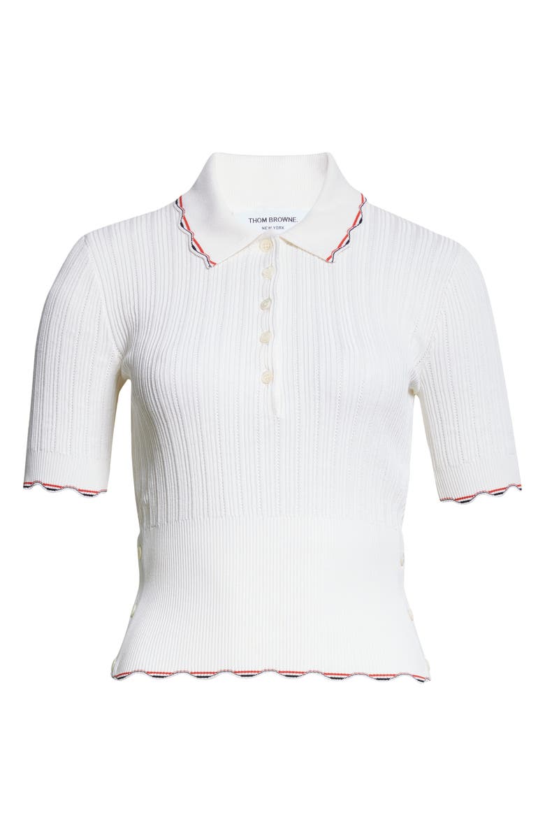 Thom Browne Tuck Scallop Trim Silk & Cotton Pointelle Stitch Polo, Alternate, color, White
