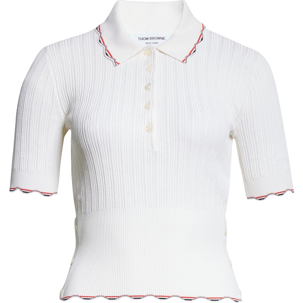 Thom Browne Tuck Scallop Trim Silk & Cotton Pointelle Stitch Polo In White