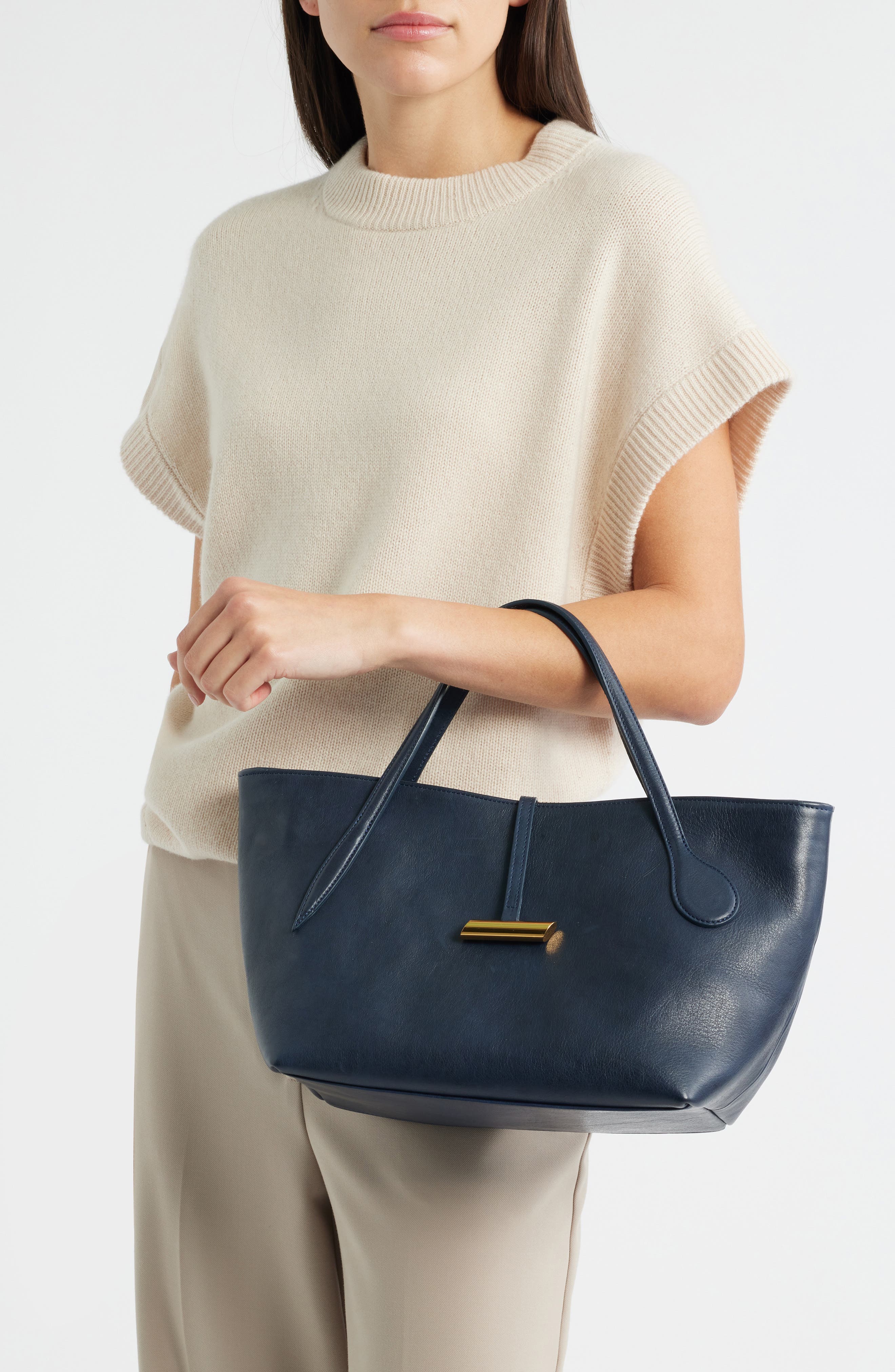 LIFFNER Petite Penne Leather Tote, Alternate, color, Navy