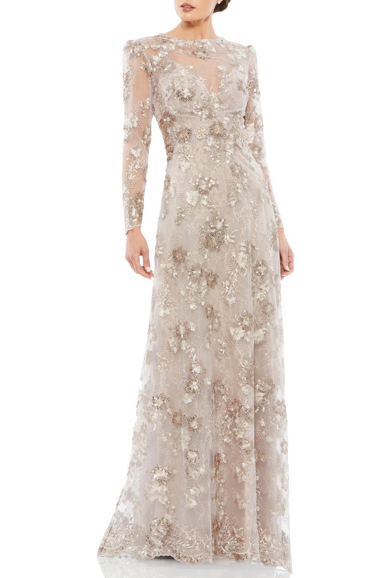 Floral Embroidered Illusion Long Sleeve Evening Gown, Main, color, MOCHA