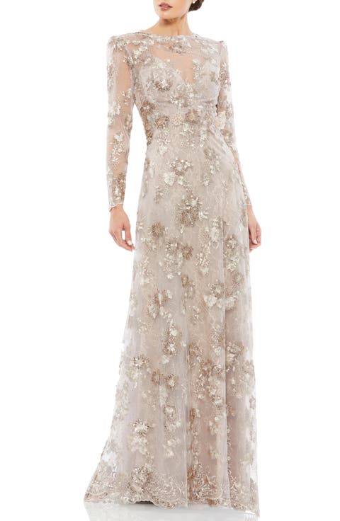 Floral Embroidered Illusion Long Sleeve Evening Gown
