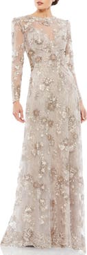 Mac Duggal Floral Embroidered Illusion Long Sleeve Evening Gown