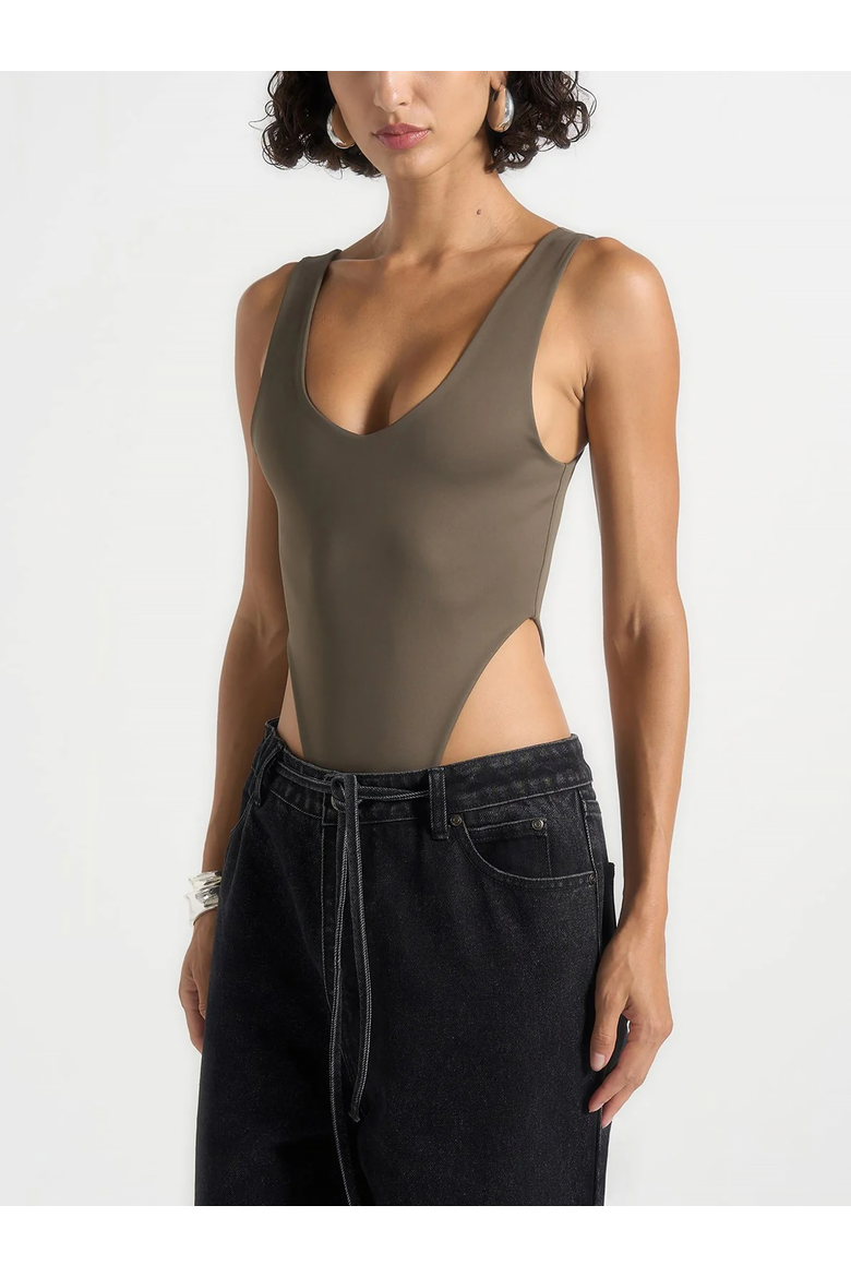Noa Fitted V-Neck Bodysuit, Alternate, color, Olive