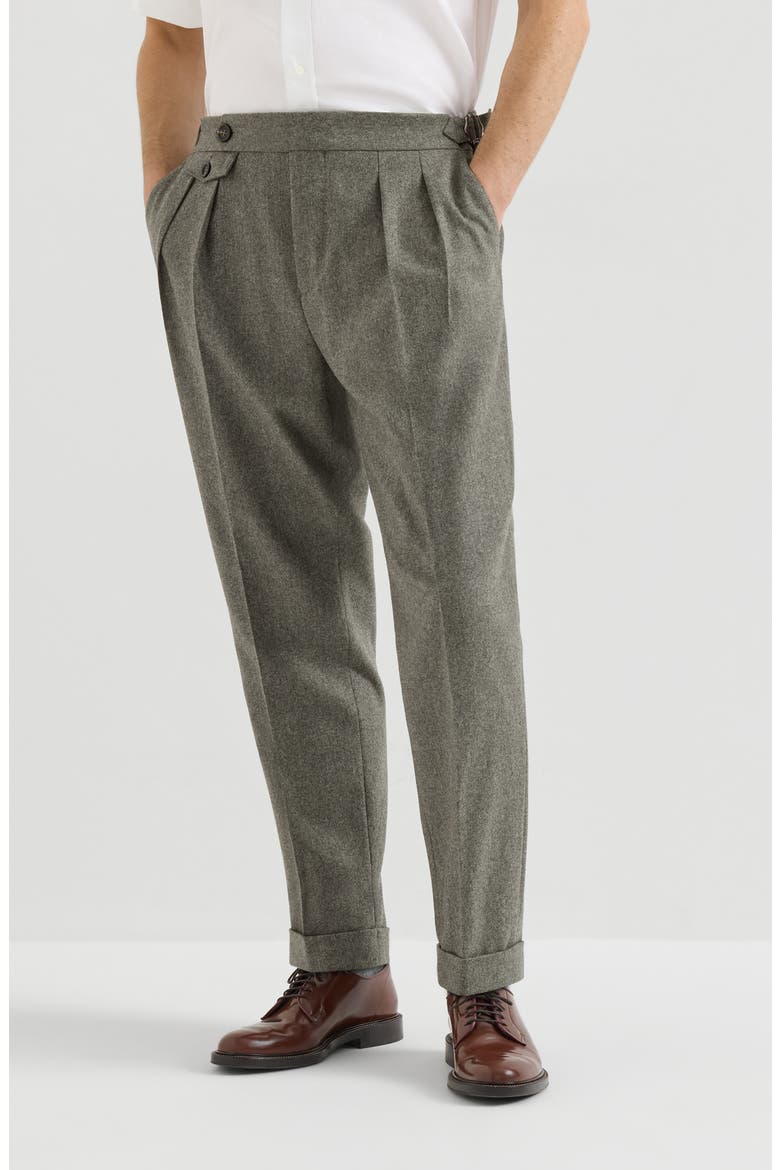 Virgin wool flannel trousers with double pleats and waist tabs, Main, color, Military