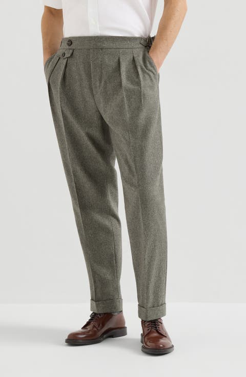 Virgin wool flannel trousers with double pleats and waist tabs