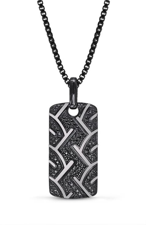 American Muscle Tire Tread Silver & Black Diamond Tag Necklace