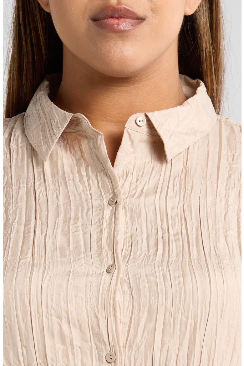 Classic Collar Pleated Longline Silk Button-Up Shirt, Alternate, color, WHEAT