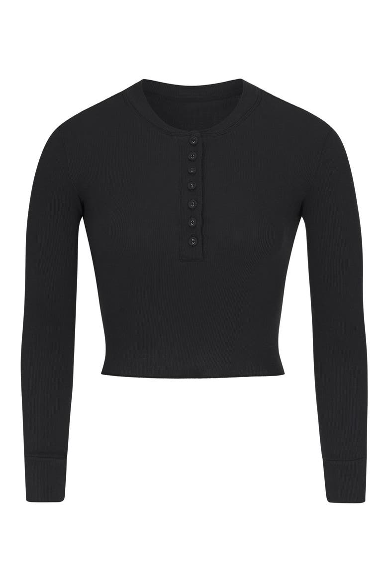 Long Sleeve Crop Stretch Cotton Rib Henley, Alternate, color, ONYX