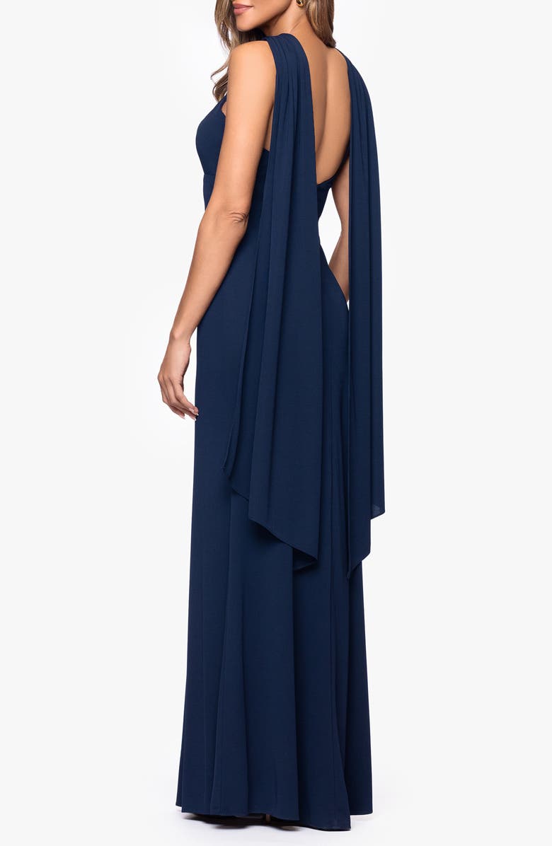 Xscape Evenings Scarf Detail Halter Neck Gown, Alternate, color, Navy