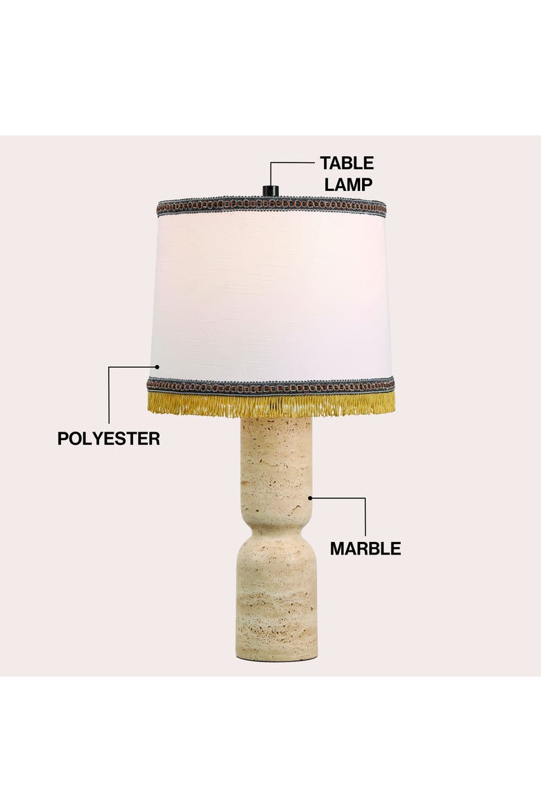 Lacy Organic Modern Sculptural Hourglass Travertine Stone with Fringed Drum Shade LED Table Lamp, Alternate, color, Natural Beige Marble