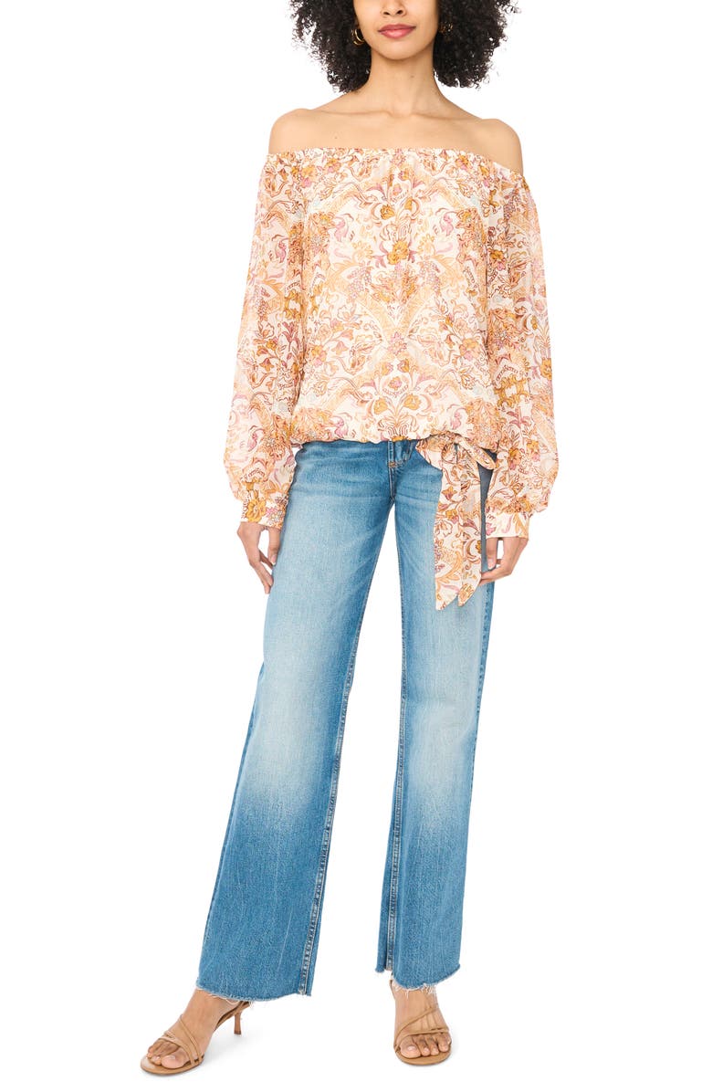 Vince Camuto Off the Shoulder Tie Hem Top, Alternate, color, Cozy Peach