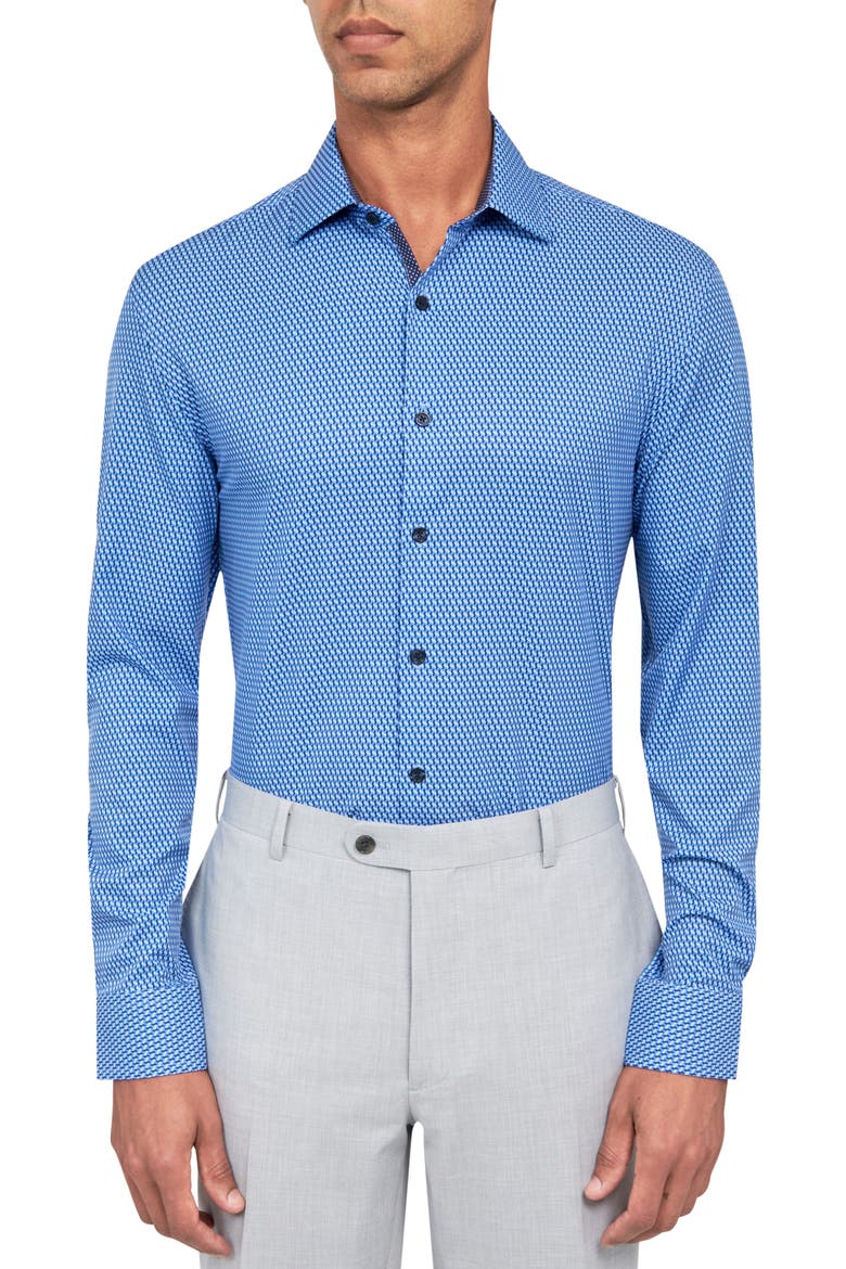 Slim Fit Geo Print Stretch Performance Dress Shirt, Main, color, BLUE