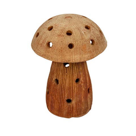 Handmade Vintage Reproduction Terra-cotta Mushroom Shaped Candle Holder with Cut-Outs, Natural