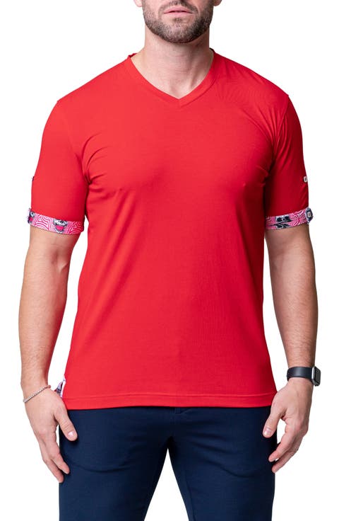 Vivaldi Solid Ripple Red V-Neck Cotton T-Shirt