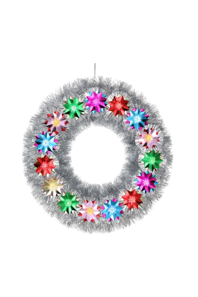 30 in. Tinsel Wreath with Flower Pom-poms, Main, color, Multicolored