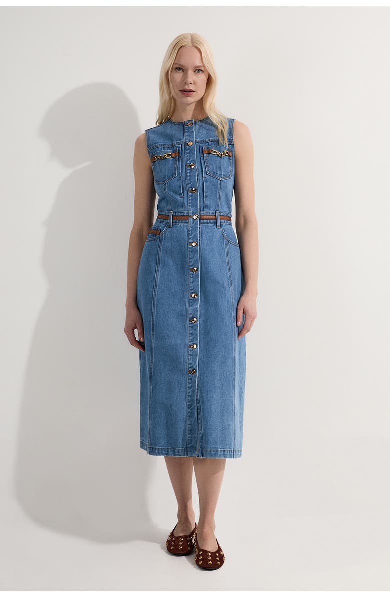 Karen Millen Petite Sleeveless Midi Denim Dress, Main, color, Light Blue