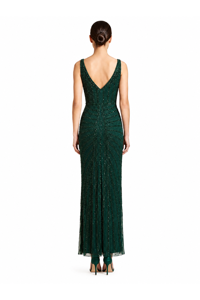 Beaded V-Neck Gown, Alternate, color, Dark Green
