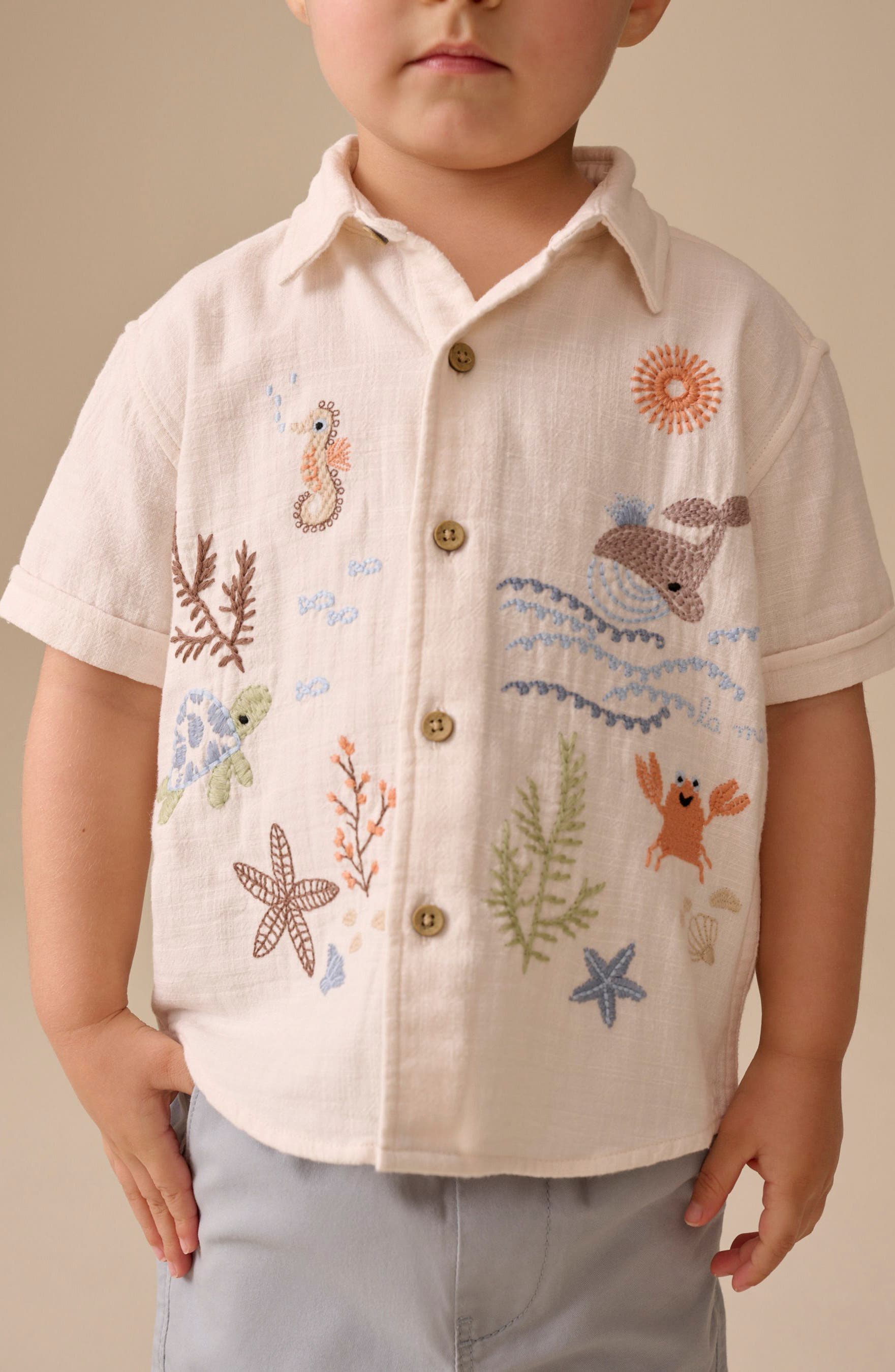 NEXT Kids' Embroidered Short Sleeve Cotton Button-Up Shirt | Nordstrom