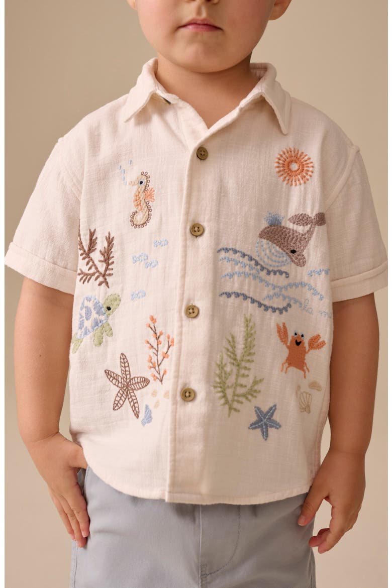 Kids' Embroidered Short Sleeve Cotton Button-Up Shirt, Alternate, color, NEUTRAL