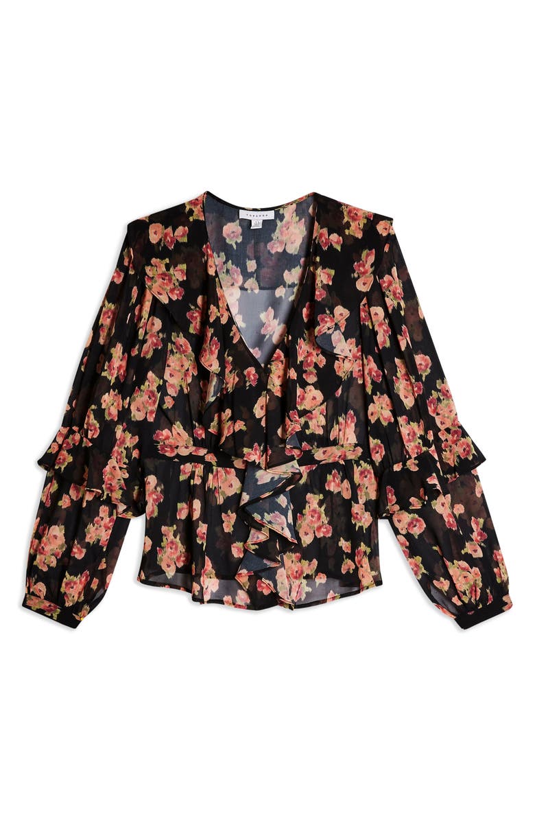 Topshop Floral Print Ruffle Blouse, Alternate, color, 