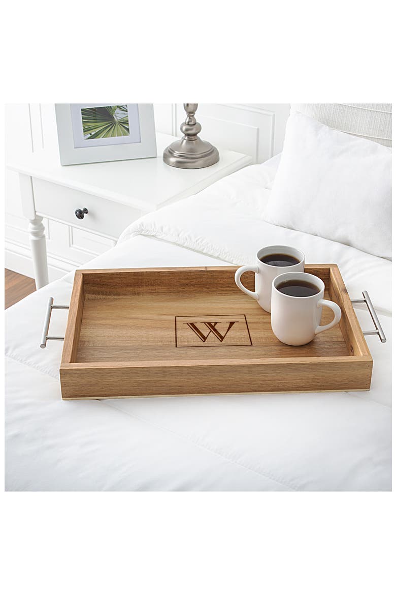 Monogram Acacia Tray with Metal Handles, Alternate, color, P