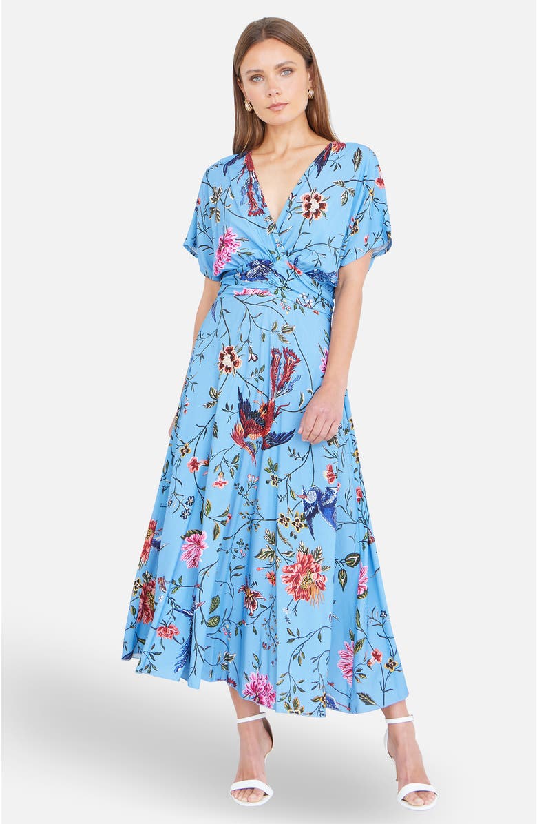 Yumi Bird And Floral Print Midi Dress, Alternate, color, Blue