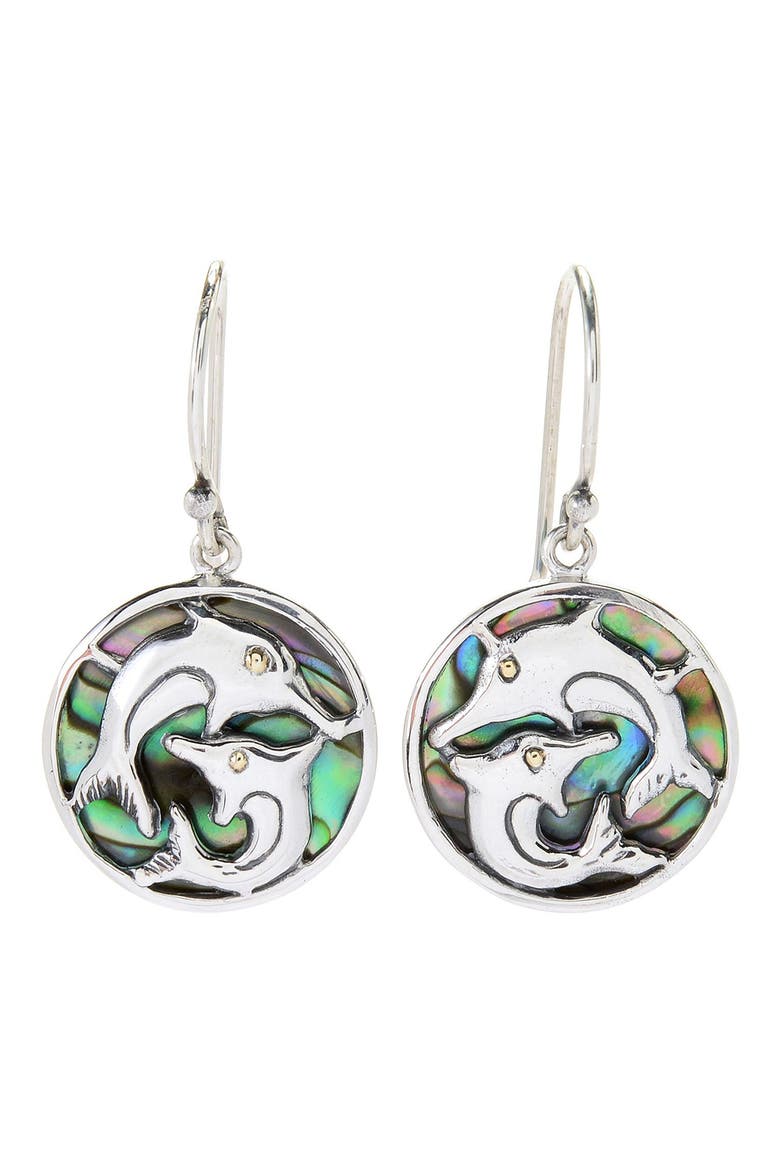 Abalone Dolphin Drop Earrings, Main, color, BLUE AND GREEN
