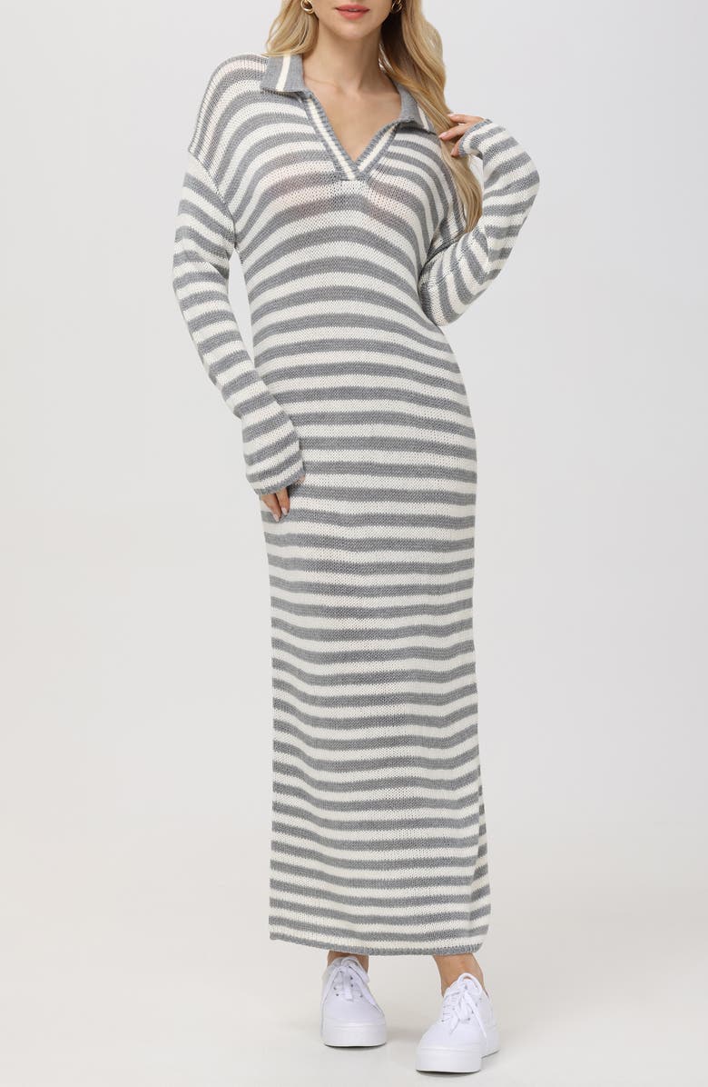 525 Raya Stripe Long Sleeve Polo Sweater Dress, Main, color, Smoke Grey Multi