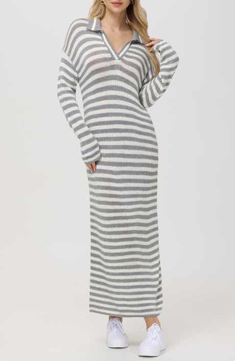 525 Raya Stripe Long Sleeve Polo Sweater Dress