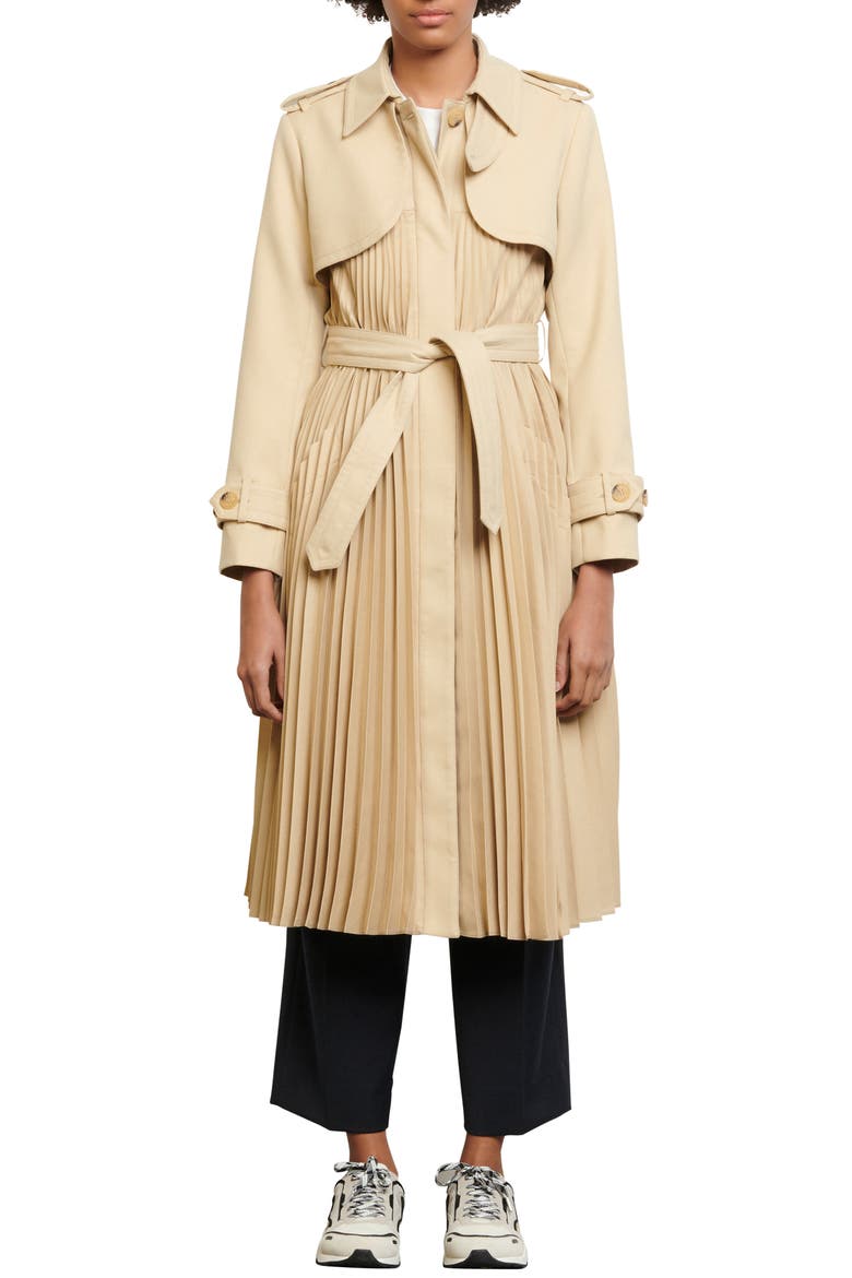 Pleated Trench Coat, Main, color, BEIGE