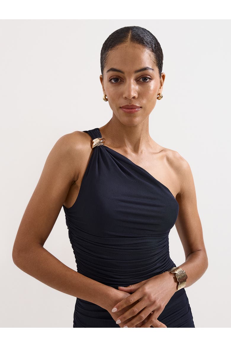 Melina Ruched Midi Dress, Alternate, color, Navy