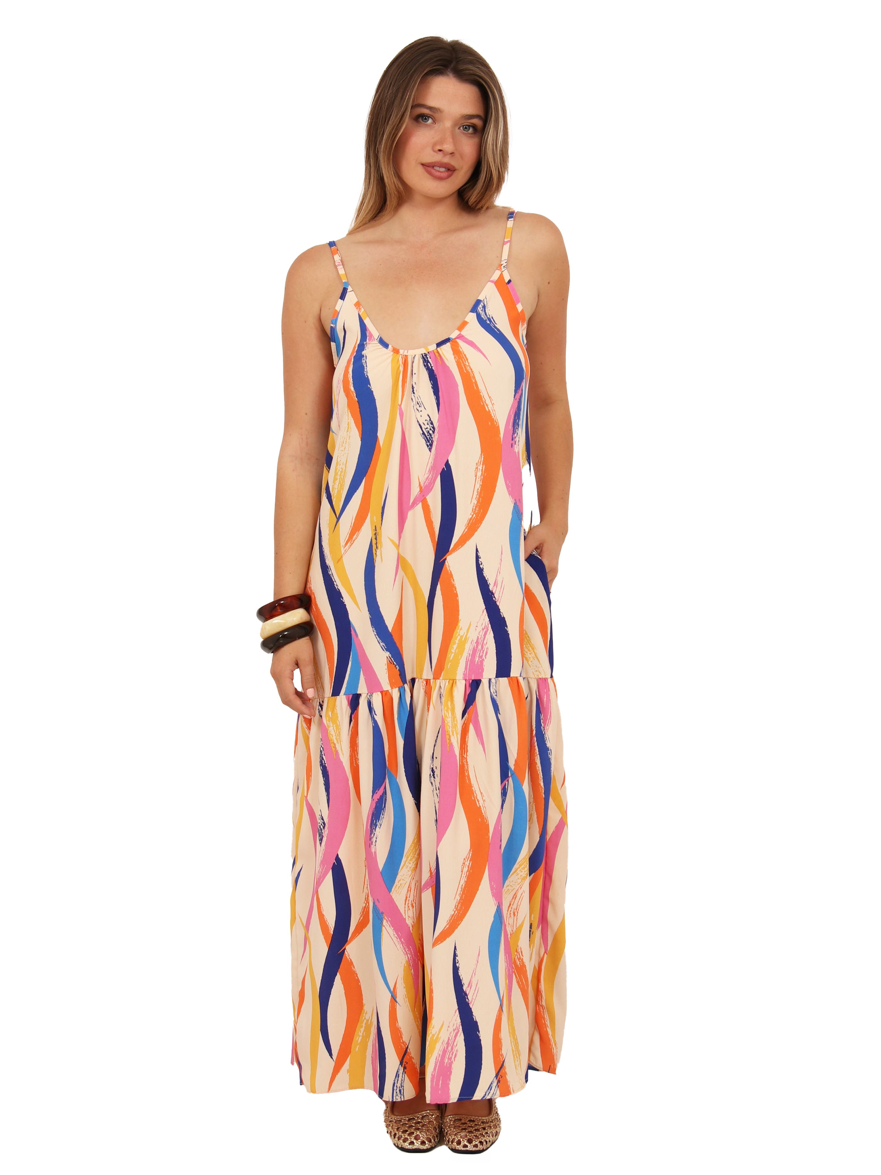 Womens Essential Abstract Print Scoop Neck Spaghetti Strap Pocket A-Line Maxi Dress