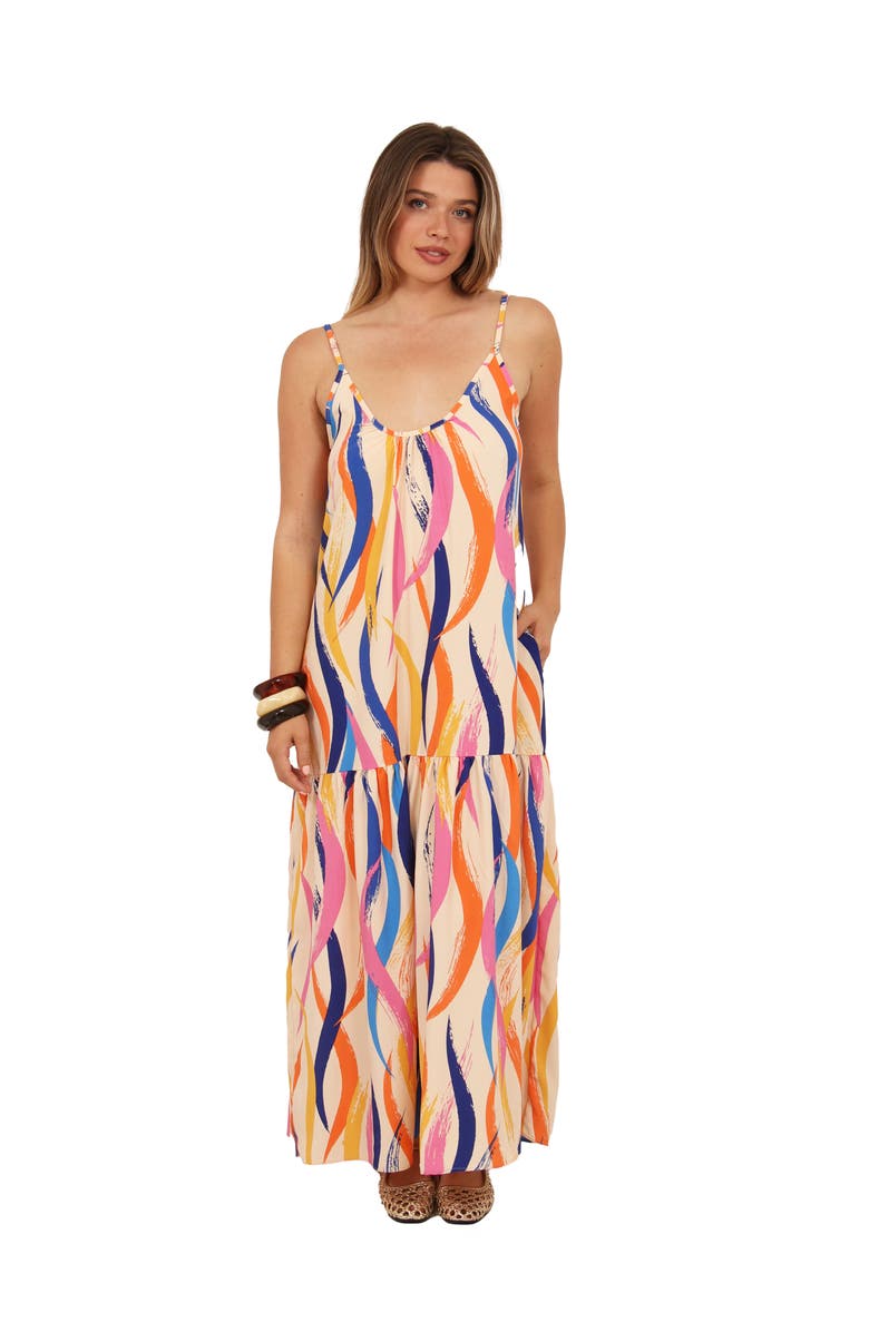 24seven Comfort Apparel Womens Essential Abstract Print Scoop Neck Spaghetti Strap Pocket A-Line Maxi Dress, Main, color, Orange Multi