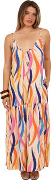 24seven Comfort Apparel Womens Essential Abstract Print Scoop Neck Spaghetti Strap Pocket A-Line Maxi Dress