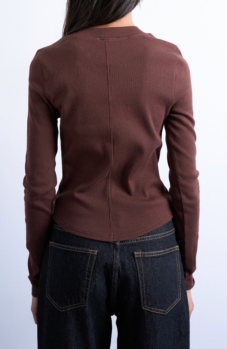 Topshop Long Sleeve Curve Hem Rib Top, Alternate, color, Brown