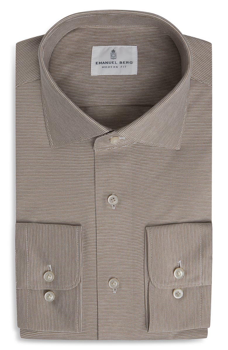 Emanuel Berg Premium Modern Fit Microhoundstooth Cotton Jersey Dress Shirt, Main, color, Light Beige