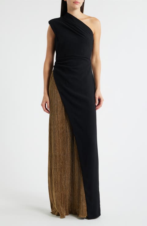 Marigold One-Shoulder Metallic Mixed Media Stretch Crepe Gown